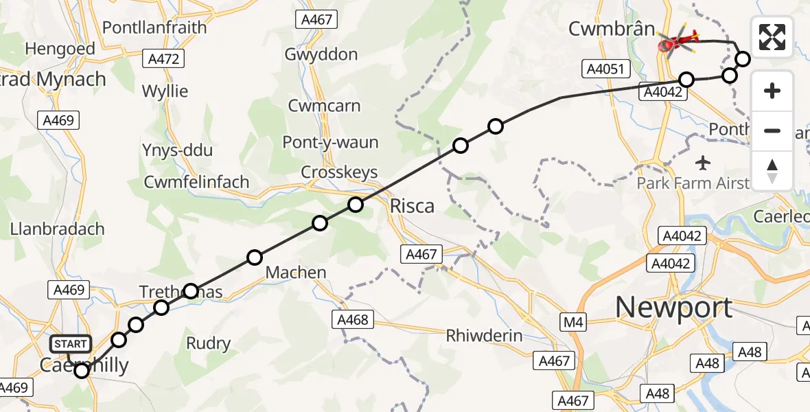 Flight route Air Ambulance Helicopter Caerphilly - Ponthir, 05 June 2026, 20:08