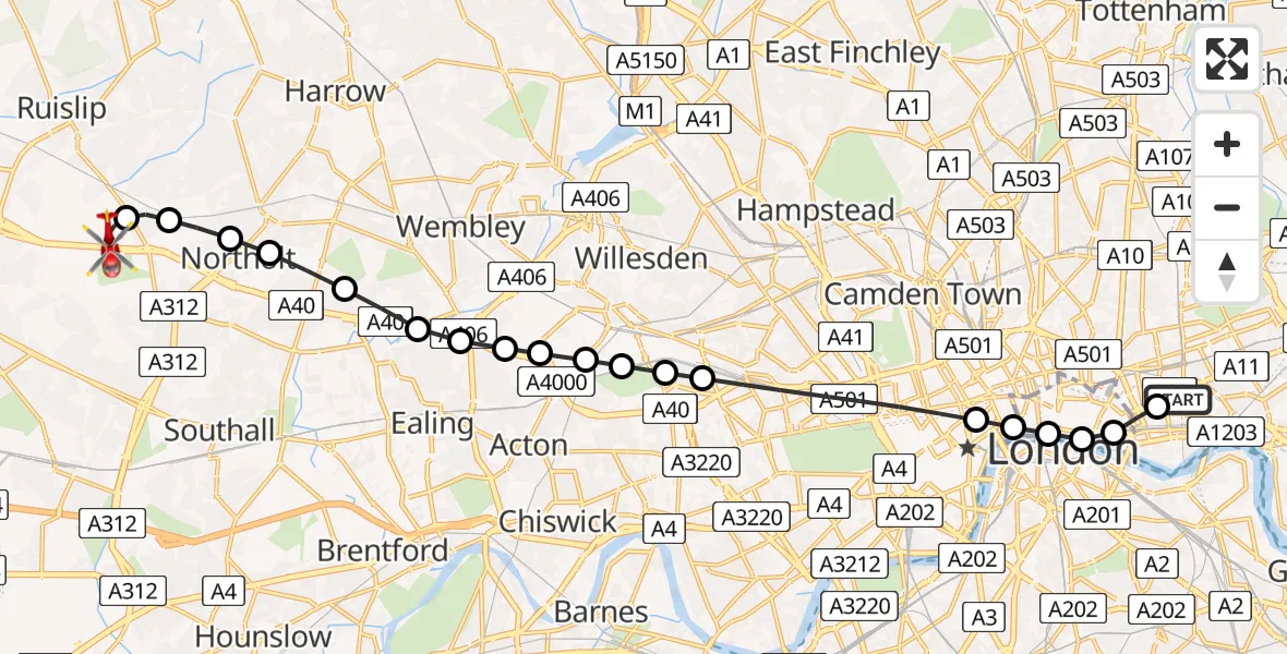 Flight route Air Ambulance Helicopter Royal London Hospital - RAF Northolt, 05 June 2026, 20:18