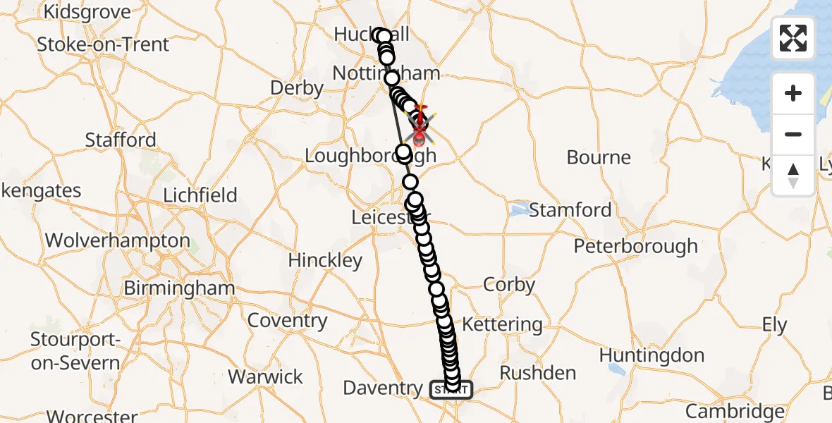 Flight route Air Ambulance Helicopter Northampton - Nottingham Heliport, 05 June 2026, 20:25