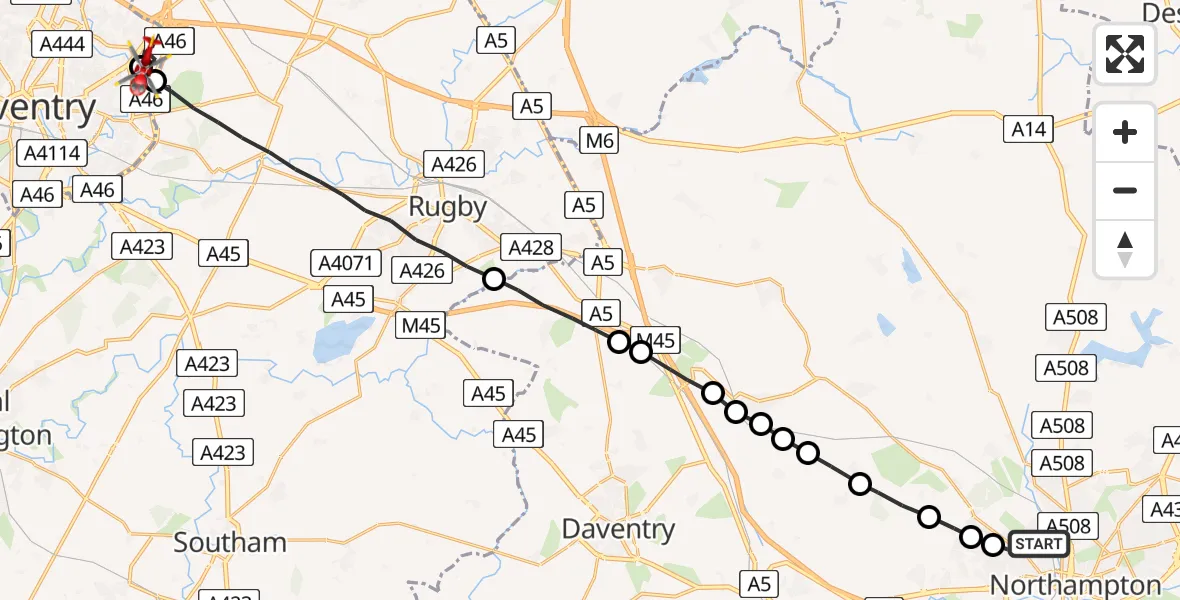 Flight route Air Ambulance Helicopter Northampton - University Hospital Coventry, 05 June 2026, 20:31