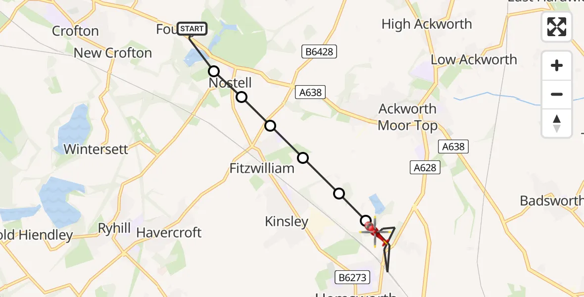 Flight route Air Ambulance Helicopter YAA Nostell Helicopter Port - Hemsworth, 05 June 2026, 20:35