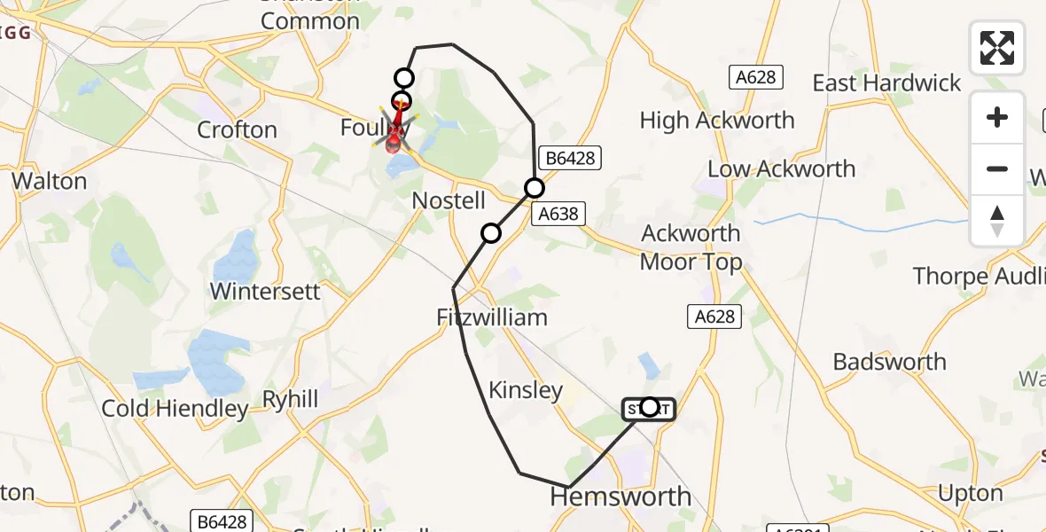 Flight route Air Ambulance Helicopter Hemsworth - YAA Nostell Helicopter Port, 05 June 2026, 20:47