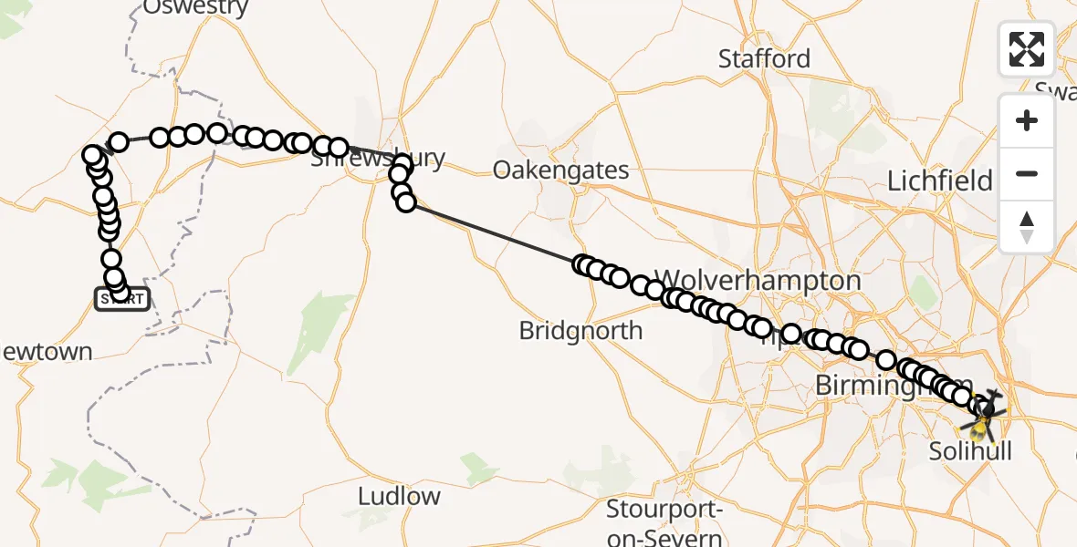 Flight route Police Helicopter Montgomery - Solihull, 05 June 2026, 20:51