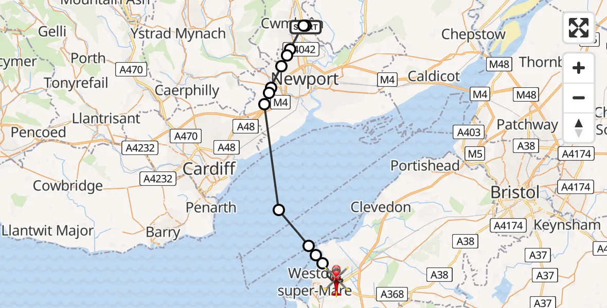 Flight route Air Ambulance Helicopter Grange University Hospital Heliport - Weston-super-Mare, 05 June 2026, 21:06