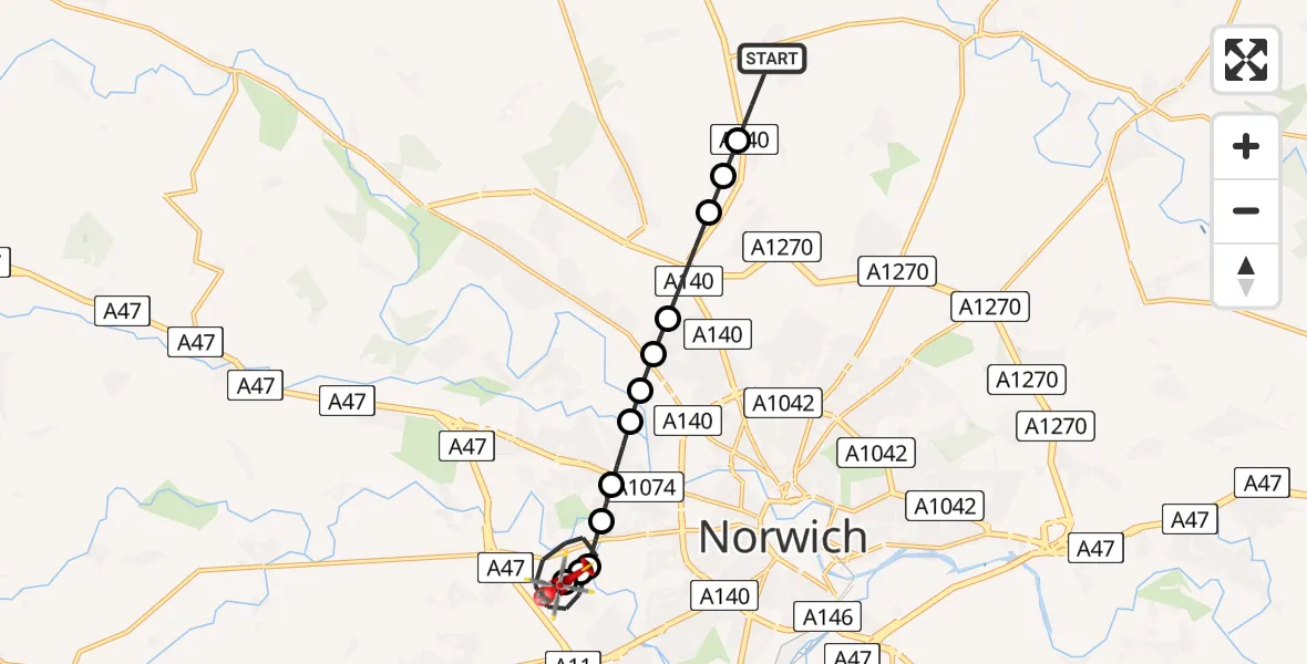 Flight route Air Ambulance Helicopter Hainford - Norfolk & Norwich Hospital, 05 June 2026, 21:19