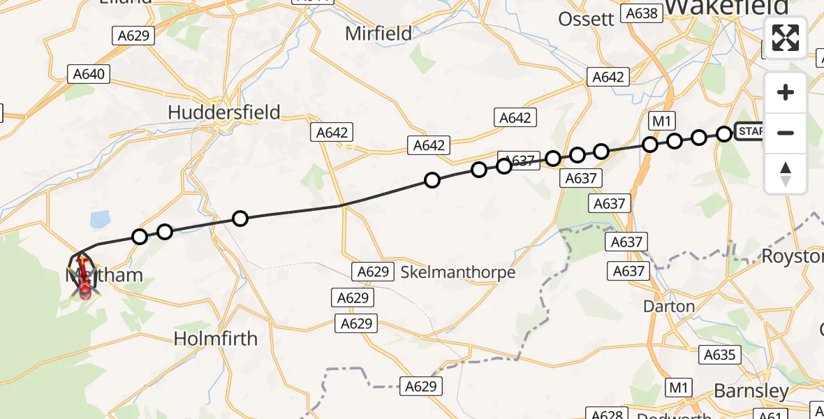 Flight route Air Ambulance Helicopter Walton - Meltham, 05 June 2026, 21:19
