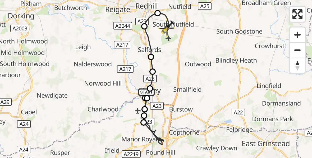 Flight route Police Helicopter Horley - South Nutfield, 05 June 2026, 21:19
