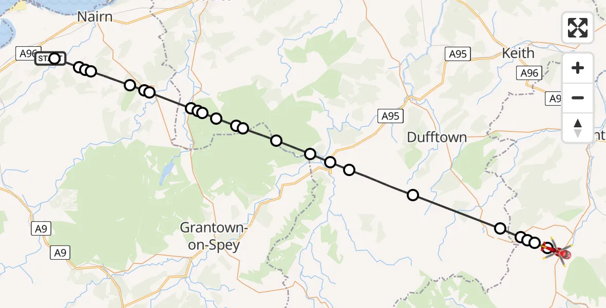 Flight route Air Ambulance Helicopter Nairn - Aberdeenshire, 05 June 2026, 21:24
