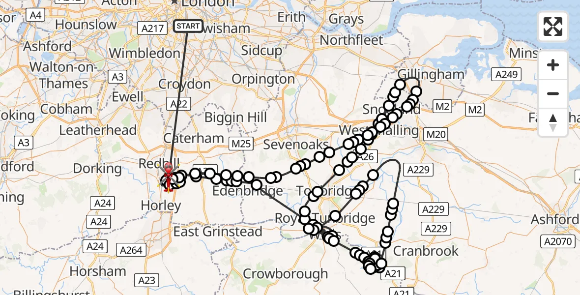 Flight route Air Ambulance Helicopter Kings College London Hospital - Redhill Aerodrome, 05 June 2026, 21:29