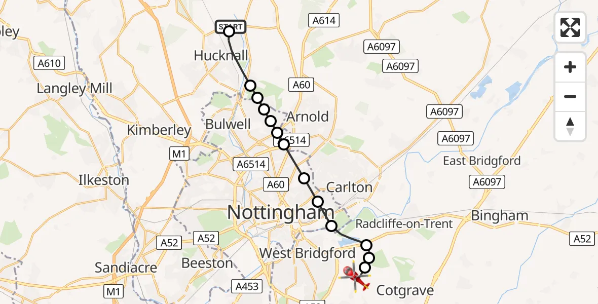 Flight route Air Ambulance Helicopter Linby CP - Nottingham City Airport, 05 June 2026, 21:29