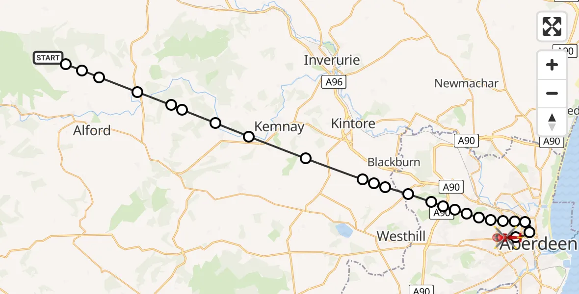Flight route Air Ambulance Helicopter Clatt - Foresterhill, 05 June 2026, 21:45