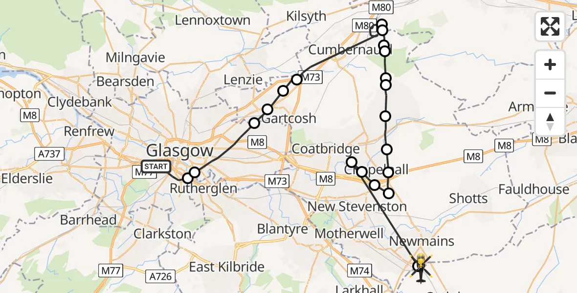 Flight route Police Helicopter Glasgow - Newmains, 05 June 2026, 21:55