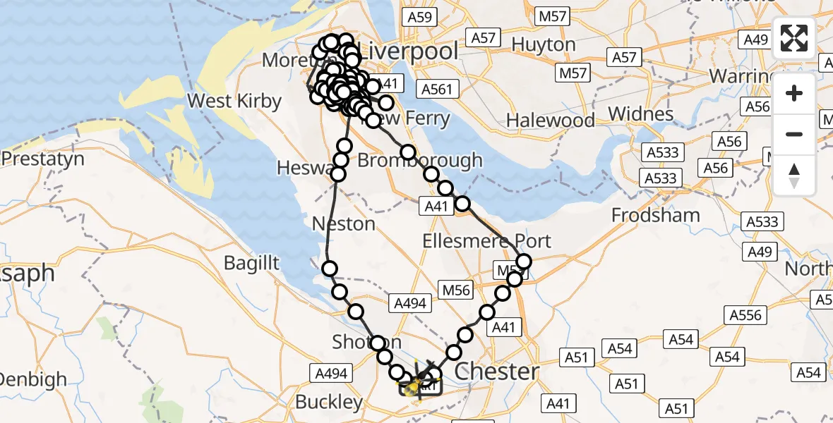 Flight route Police Helicopter Hawarden Airport - Hawarden Airport, 05 June 2026, 21:55