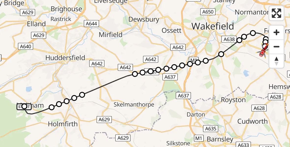 Flight route Air Ambulance Helicopter Meltham - YAA Nostell Helicopter Port, 05 June 2026, 22:01