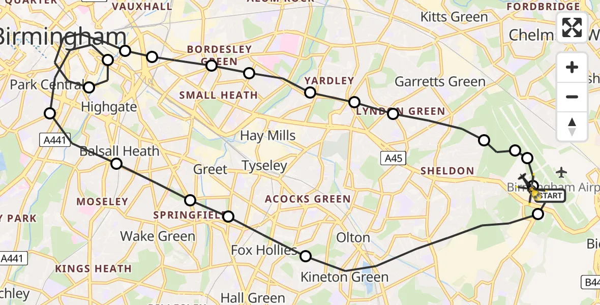 Flight route Police Helicopter Birmingham Airport - Birmingham Airport, 05 June 2026, 22:16