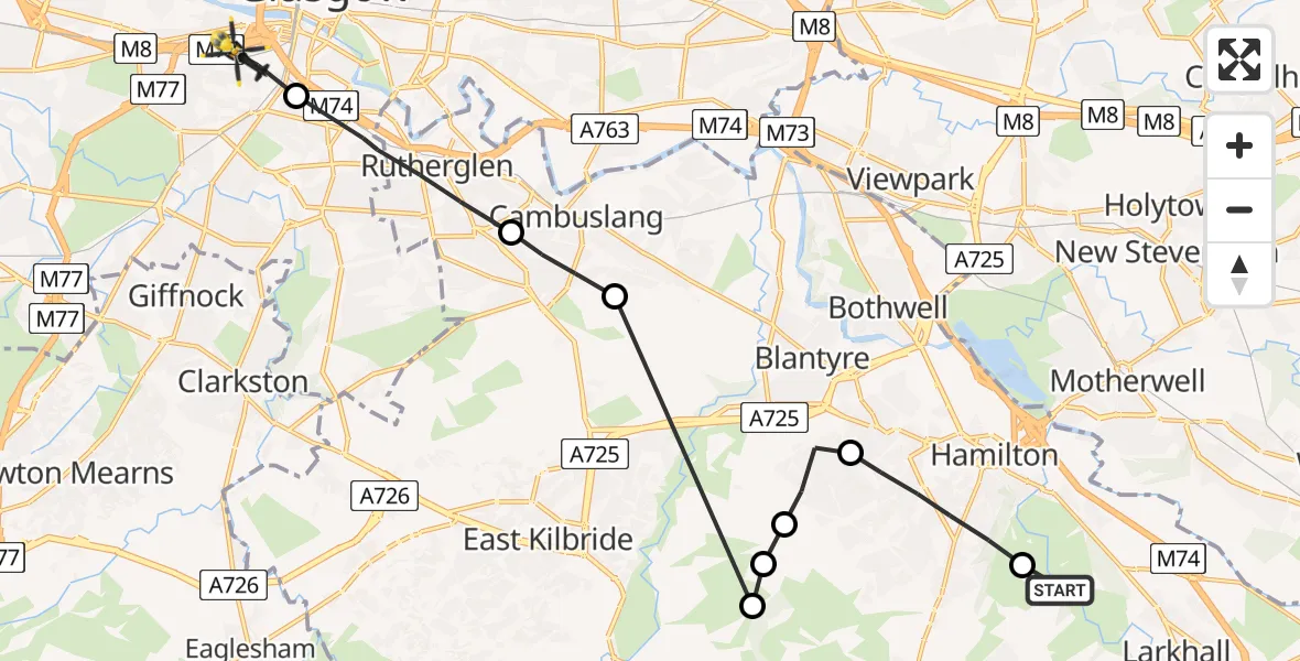 Flight route Police Helicopter Clyde Valley Woodlands National Nature Reserve - Glasgow, 05 June 2026, 22:25