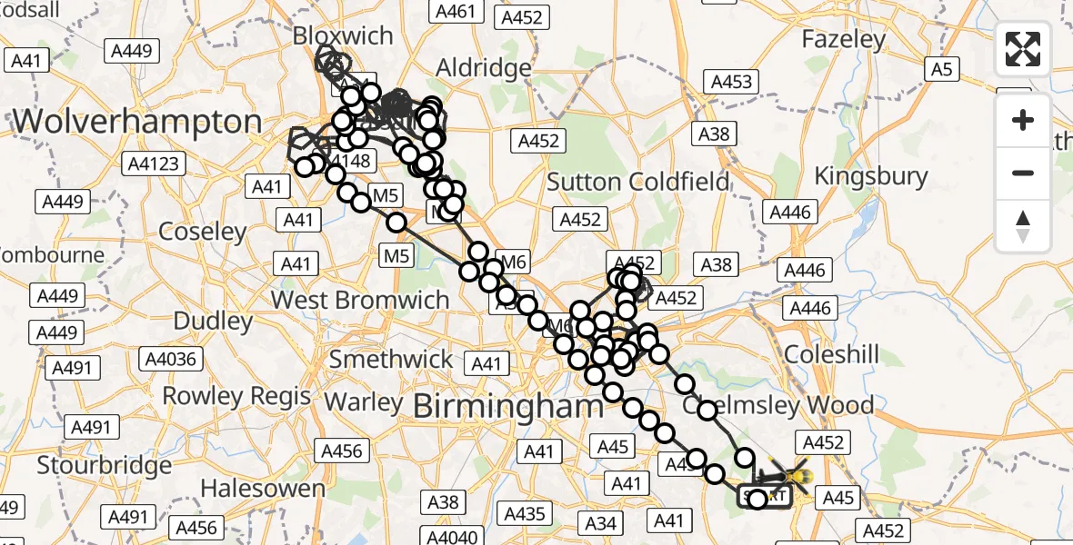 Flight route Police Helicopter Birmingham Airport - Birmingham Airport, 05 June 2026, 22:37