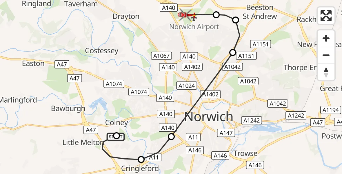 Flight route Air Ambulance Helicopter Norfolk & Norwich Hospital - Norwich Airport, 05 June 2026, 22:46