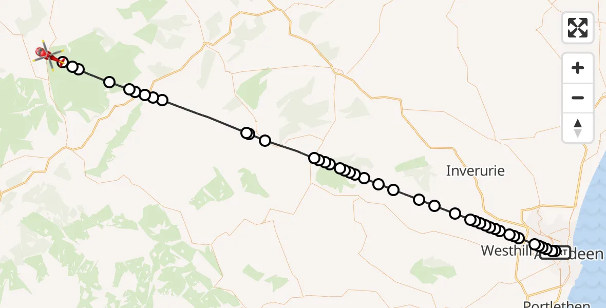 Flight route Air Ambulance Helicopter Aberdeen Royal Infirmary Helistrip - Tombain, 05 June 2026, 22:49