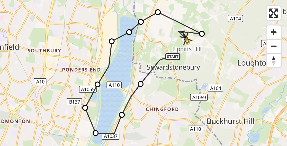 Flight route Police Helicopter Sewardstonebury - Metropolitan Police Air Support Unit Lippitts Hill, 05 June 2026, 23:00