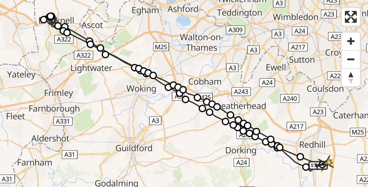 Flight route Police Helicopter Salfords - Redhill Aerodrome, 05 June 2026, 23:03