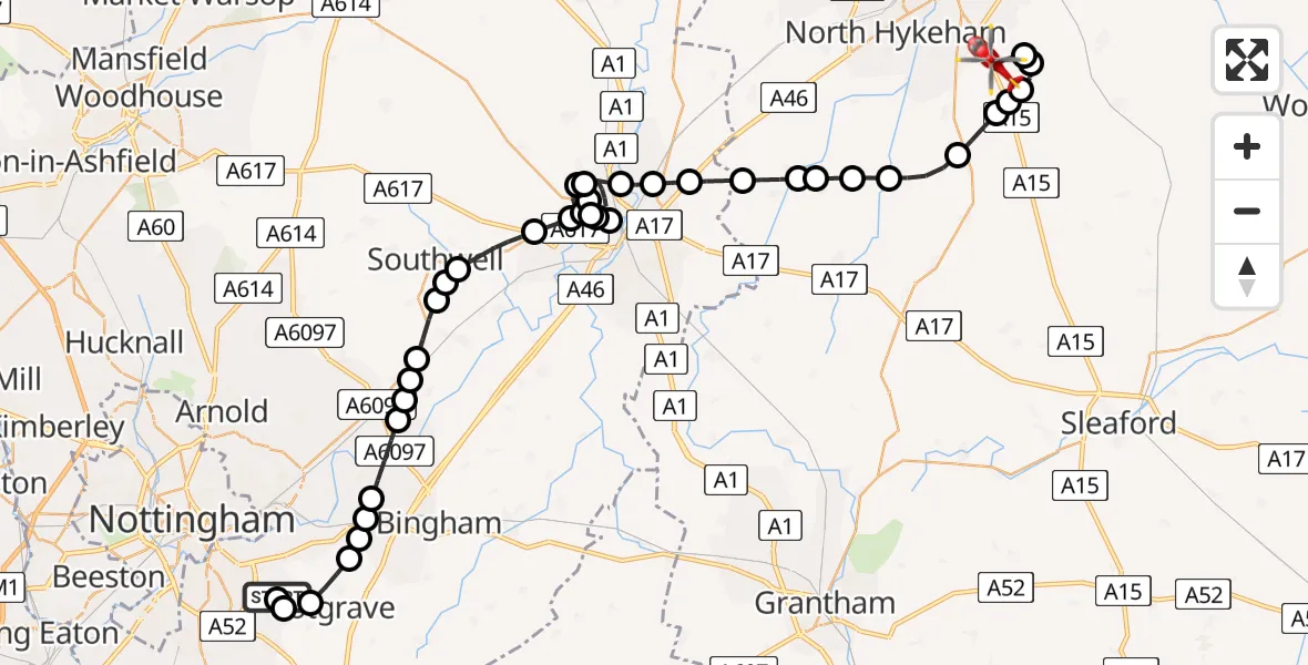 Flight route Air Ambulance Helicopter Nottingham City Airport - North Kesteven, 05 June 2026, 23:06