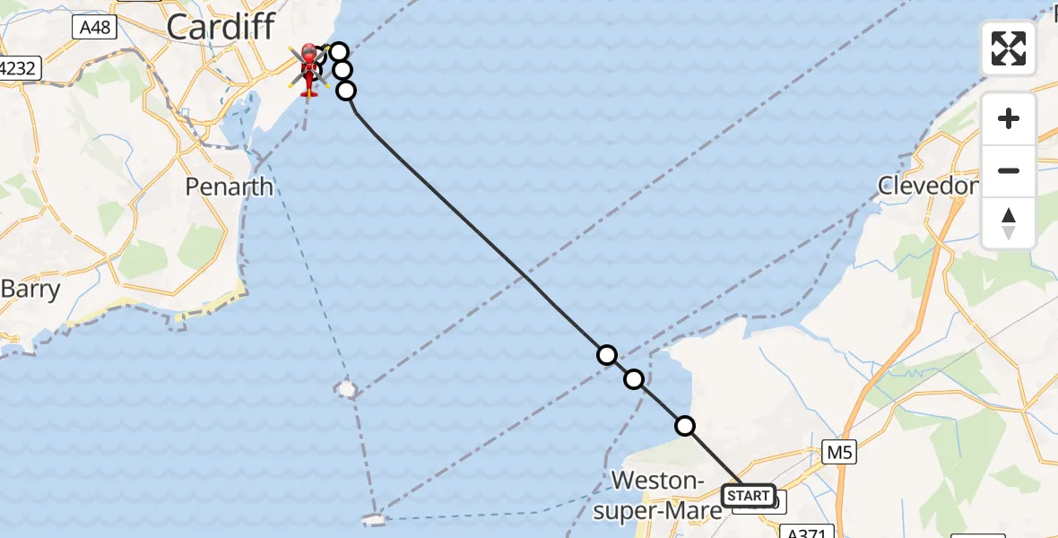 Flight route Air Ambulance Helicopter Weston-super-Mare - Cardiff Heliport, 05 June 2026, 23:21