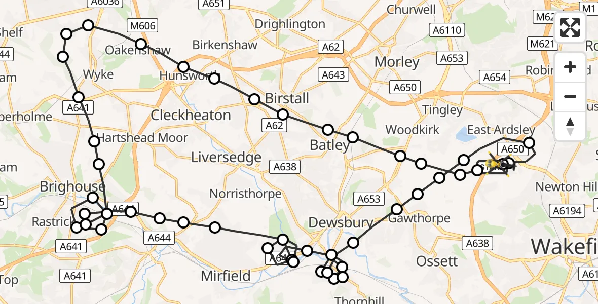 Flight route Police Helicopter East Ardsley - Brandy Carr, 06 June 2026, 00:13