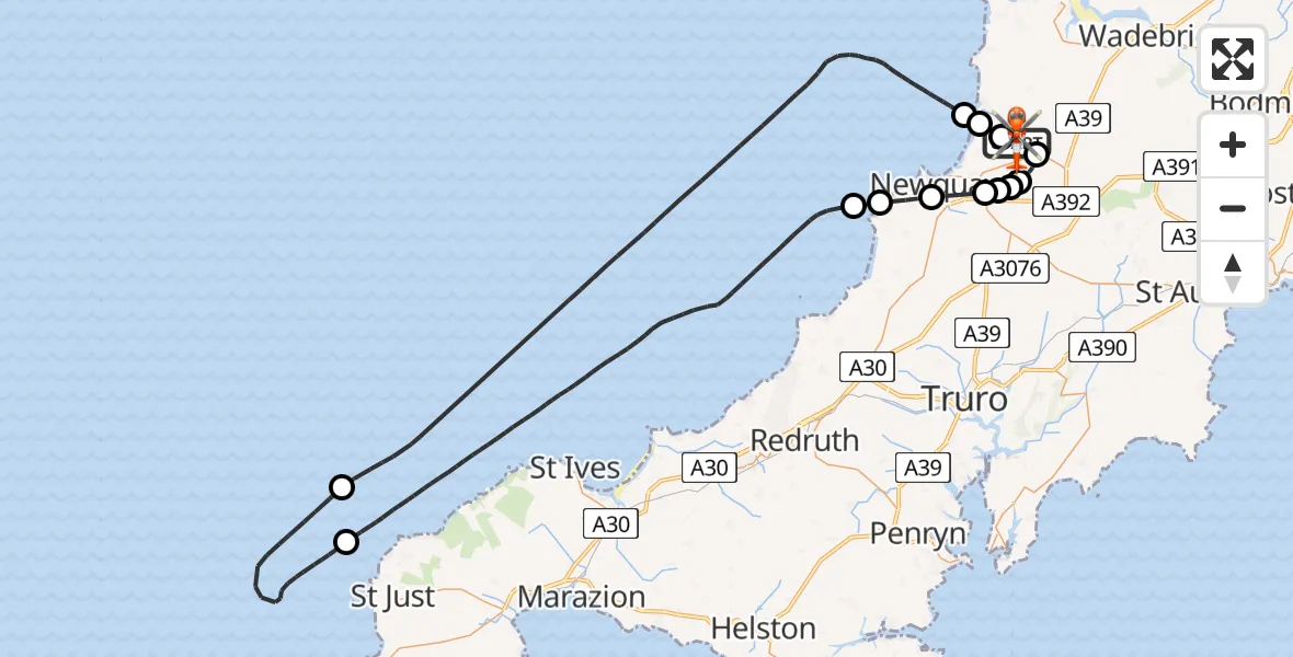 Flight route Coastguard Helicopter Cornwall Airport Newquay - Cornwall Airport Newquay, 06 June 2026, 00:24