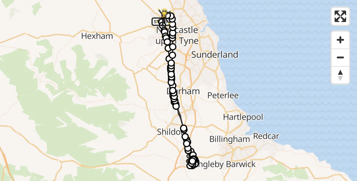 Flight route Police Helicopter Callerton - Newcastle International Airport, 06 June 2026, 02:15