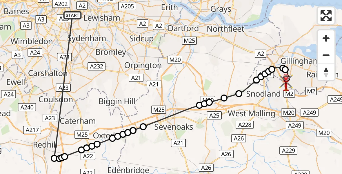 Flight route Air Ambulance Helicopter Kings College London Hospital - Rochester Airport, 06 June 2026, 02:54