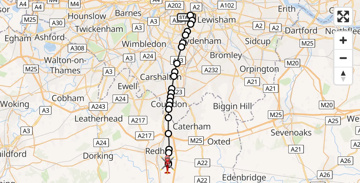 Flight route Air Ambulance Helicopter Kings College London Hospital - Redhill Aerodrome, 06 June 2026, 04:57