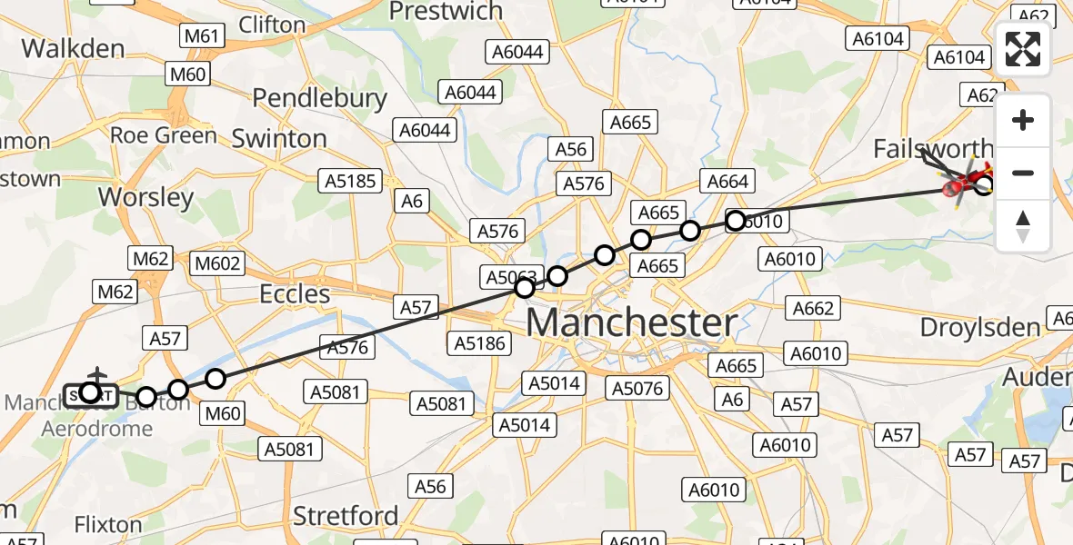 Flight route Air Ambulance Helicopter Manchester Barton Aerodrome - Failsworth, 06 June 2026, 06:35