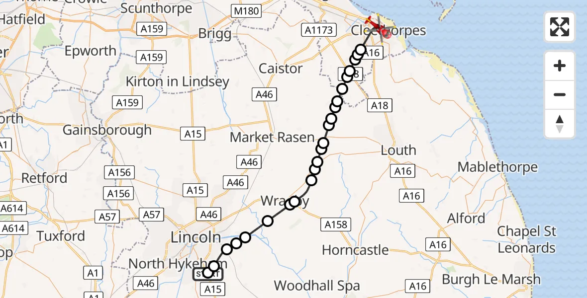 Flight route Air Ambulance Helicopter RAF Waddington - Grimsby, 06 June 2026, 06:39