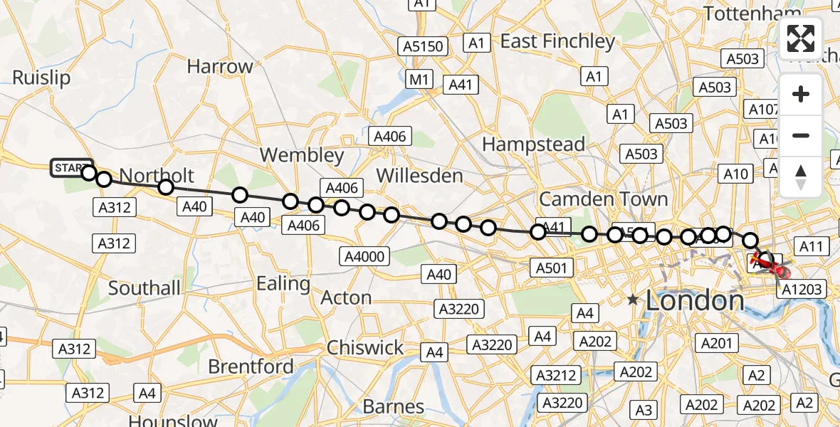 Flight route Air Ambulance Helicopter RAF Northolt - Royal London Hospital, 06 June 2026, 07:01