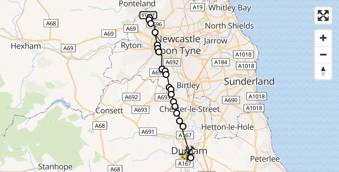 Flight route Police Helicopter Newcastle International Airport - Durham, 06 June 2026, 07:28