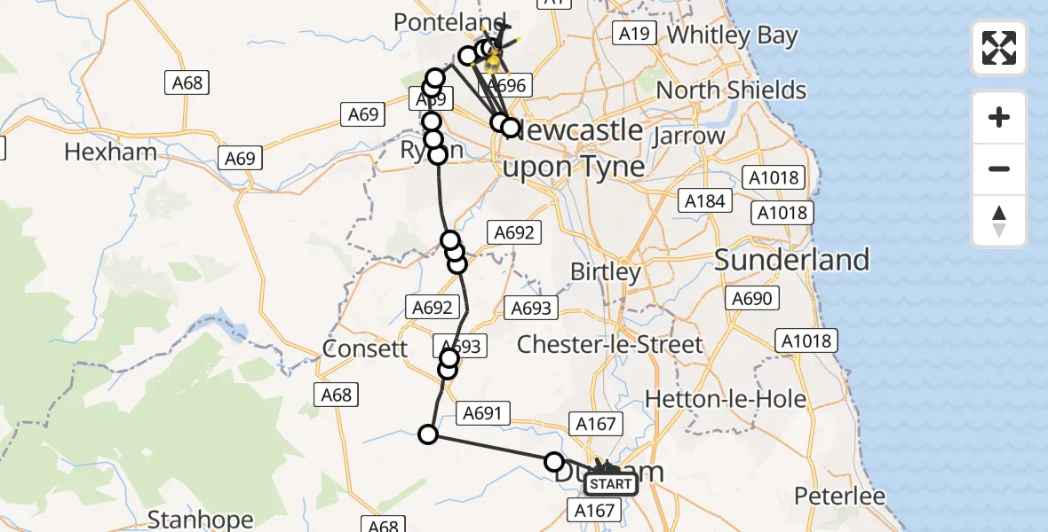 Flight route Police Helicopter Durham - Newcastle International Airport, 06 June 2026, 07:46
