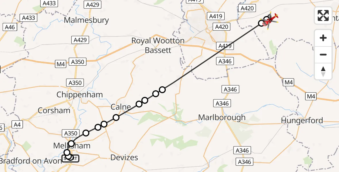 Flight route Air Ambulance Helicopter Wiltshire Air Ambulance - Vale of White Horse, 06 June 2026, 07:59