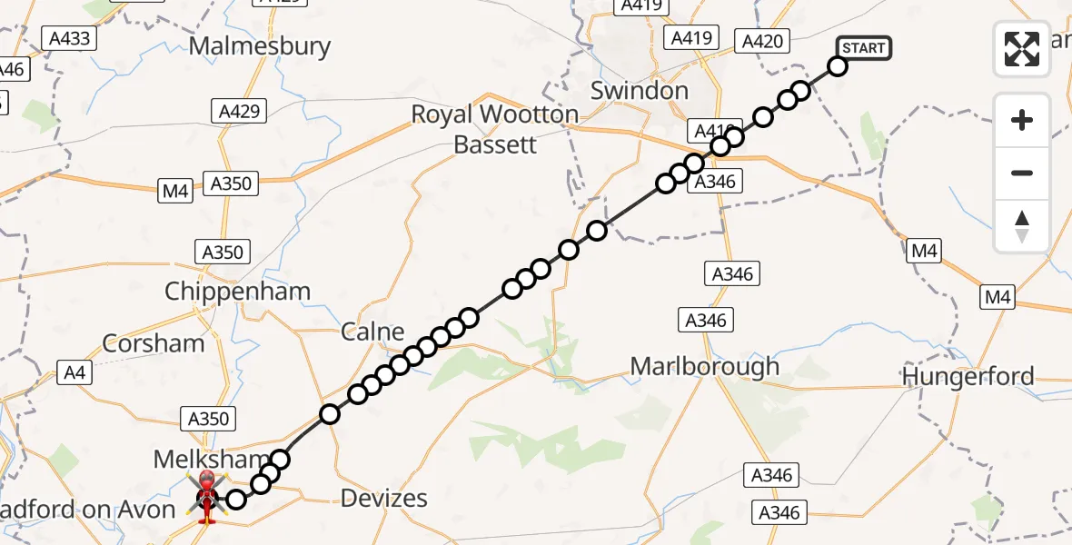 Flight route Air Ambulance Helicopter Vale of White Horse - Wiltshire Air Ambulance, 06 June 2026, 08:39