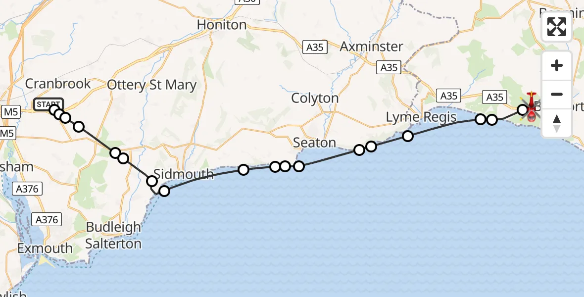 Flight route Air Ambulance Helicopter Exeter International Airport - Higher Eype, 06 June 2026, 08:46