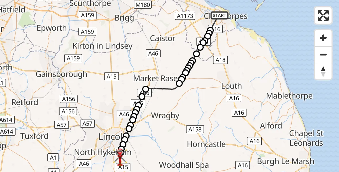 Flight route Air Ambulance Helicopter Grimsby - North Kesteven, 06 June 2026, 09:13