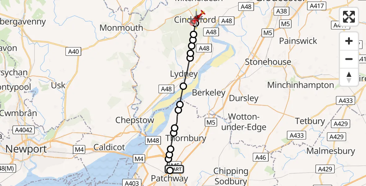 Flight route Air Ambulance Helicopter Almondsbury Helicopter Base - Cinderford, 06 June 2026, 09:34