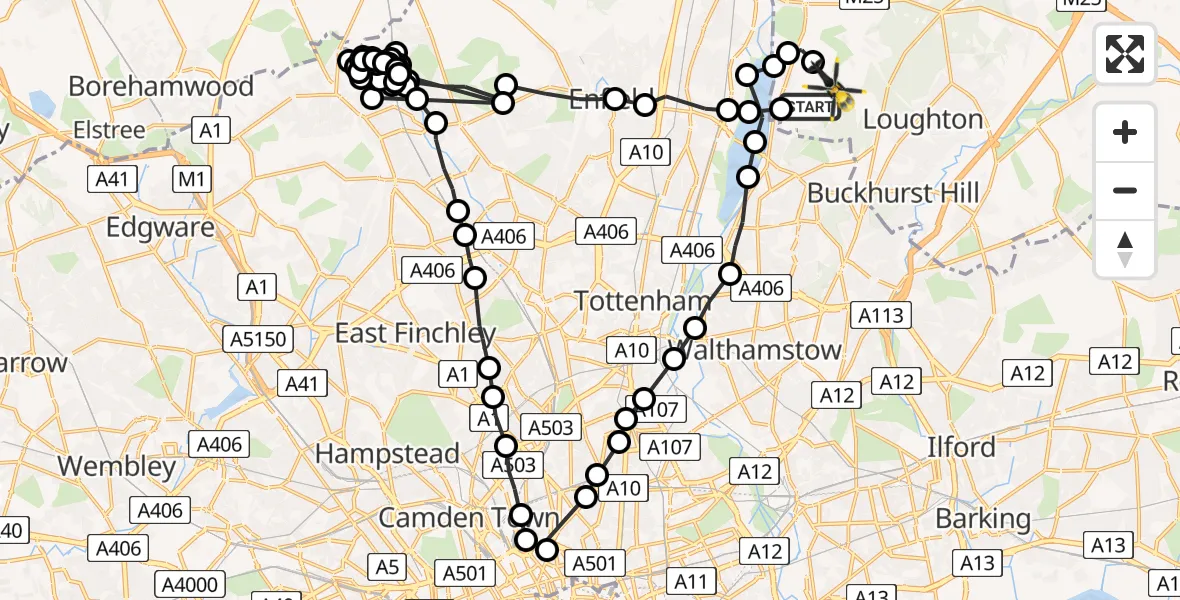 Flight route Police Helicopter Sewardstonebury - Sewardstonebury, 06 June 2026, 09:46