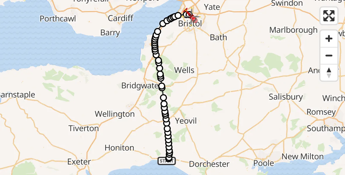 Flight route Air Ambulance Helicopter Higher Eype - Bristol, 06 June 2026, 10:14