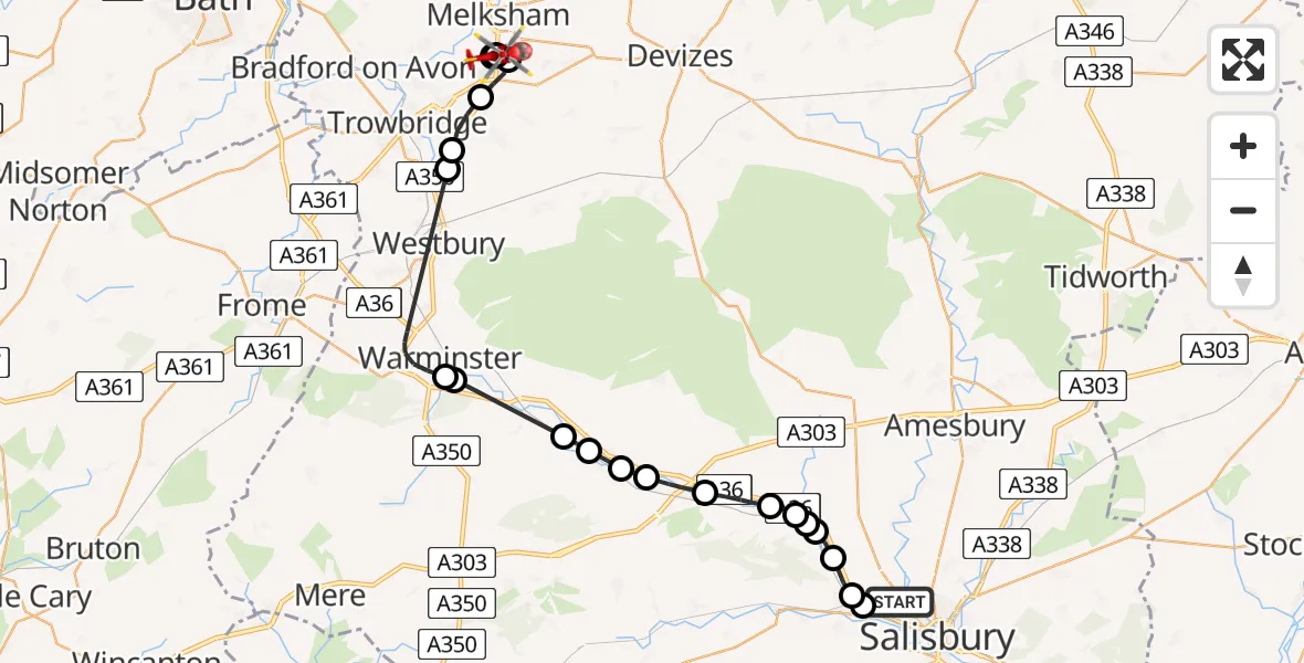 Flight route Air Ambulance Helicopter Stratford-sub-Castle - Melksham, 06 June 2026, 10:28
