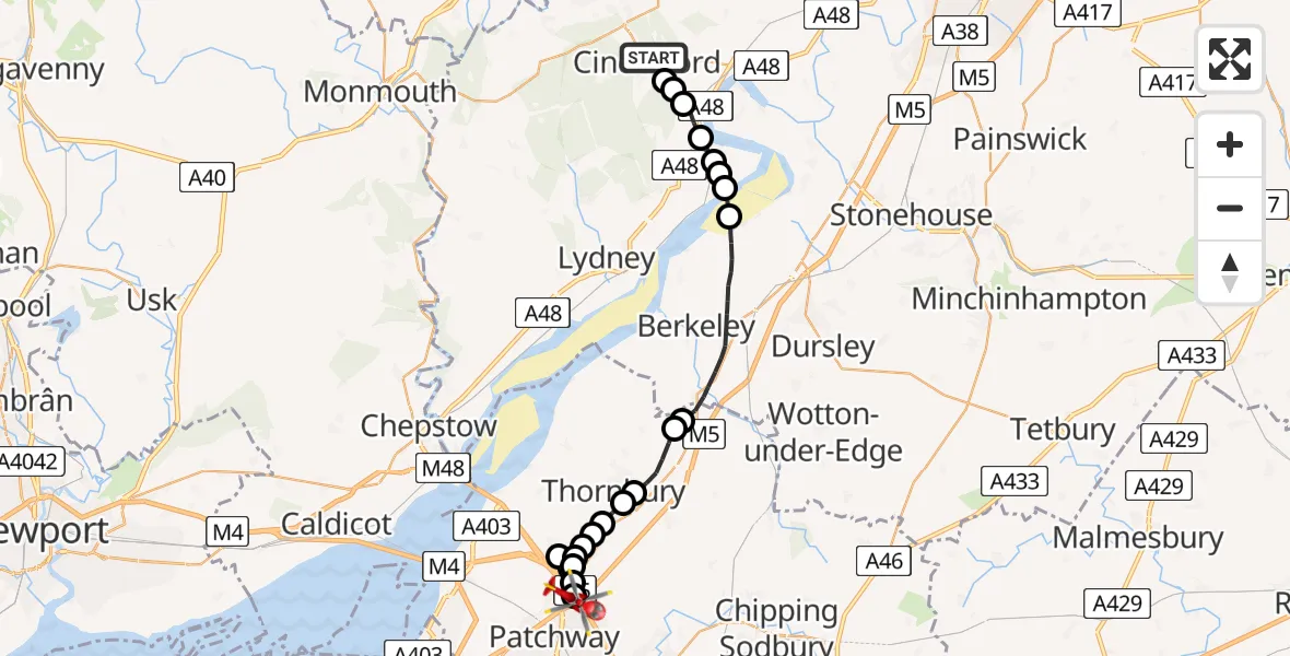 Flight route Air Ambulance Helicopter Cinderford - Almondsbury Helicopter Base, 06 June 2026, 10:48