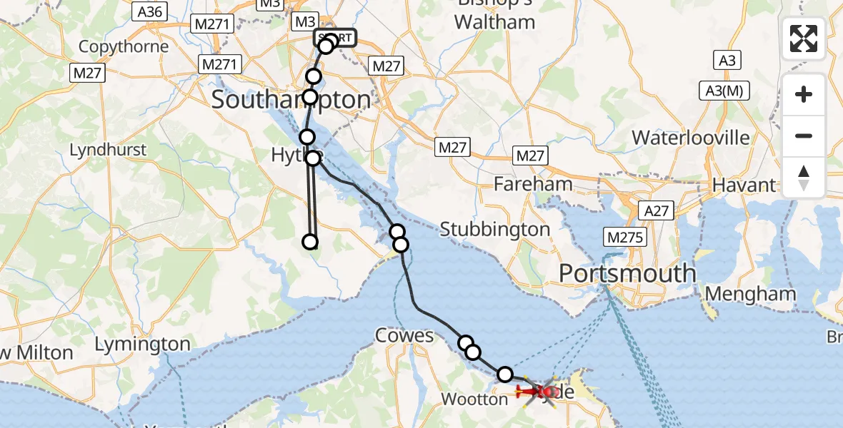 Flight route Air Ambulance Helicopter Southampton Airport - Ryde, 06 June 2026, 10:52