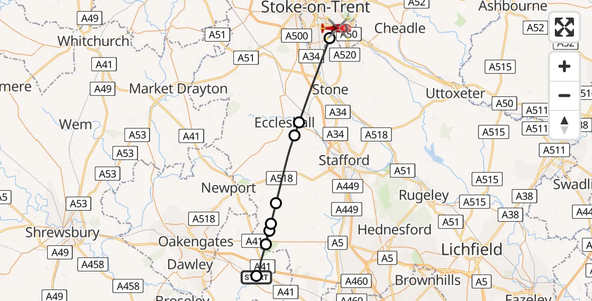 Flight route Air Ambulance Helicopter RAF Cosford - Longton, 06 June 2026, 10:56