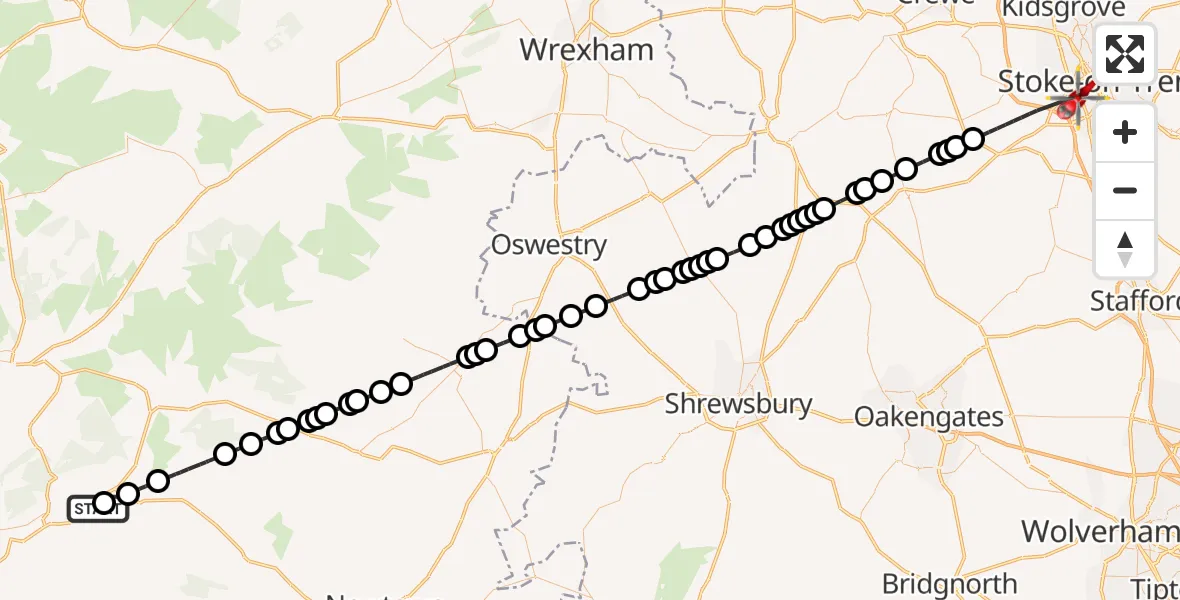 Flight route Air Ambulance Helicopter Llanwrin - University Hospital North Staffs, 06 June 2026, 10:59