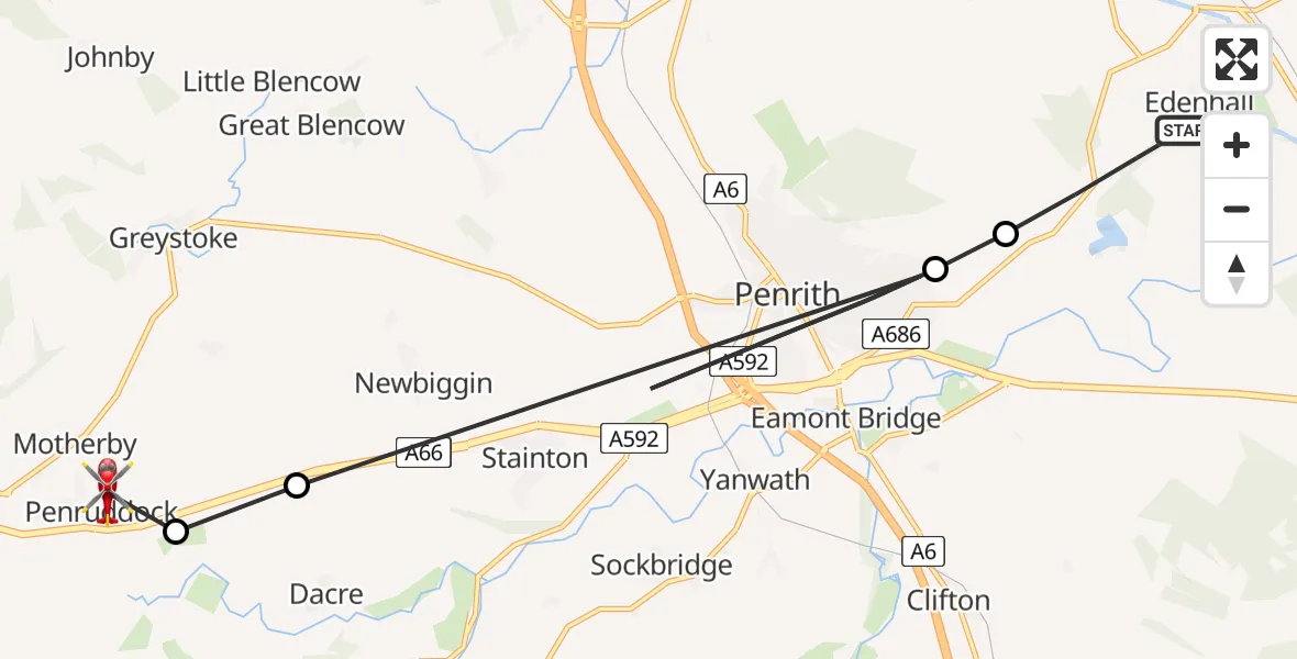Flight route Air Ambulance Helicopter Edenhall - Penruddock, 06 June 2026, 11:01